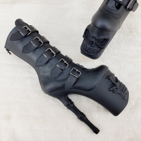 Skull & Bones Platform 8" Heel Mid Calf Boots Multiple Straps Vortex - Picture 10 of 16